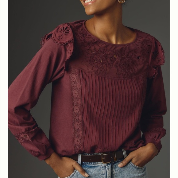Anthropology Tiny Long-Sleeve Crescent Ruffled Lace Top - Picture 6 of 8